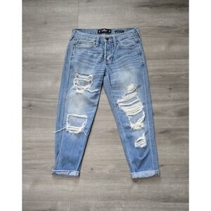 Hollister Womens Mid Rise Boyfriend Distressed Blue Jeans Pants Size 29‎ x 23.5